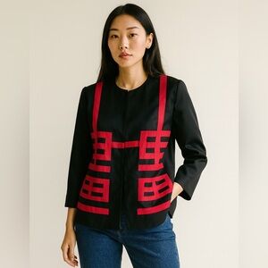 Shanghai Tang 100% Silk Geometric Print Asian Jacket Red Black Sz 10